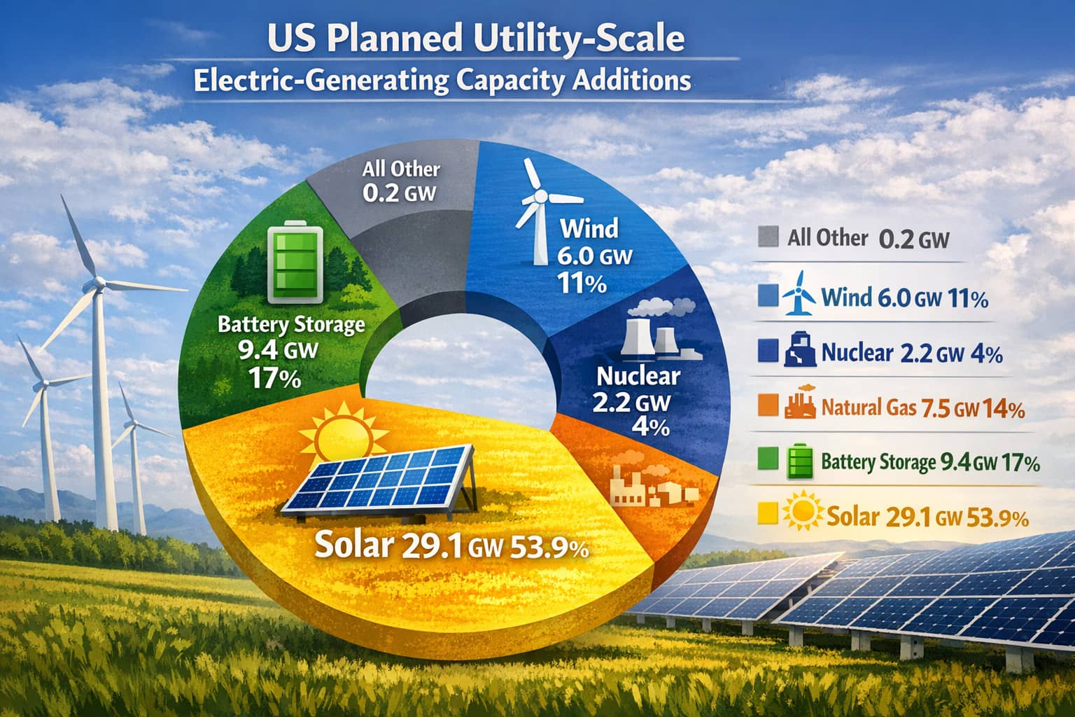 US Planned Utility-Scale Electric-Generating Capacity Additions - showing solar at 53.9%, battery storage 17%, wind 11%, natural gas 14%, nuclear 4%